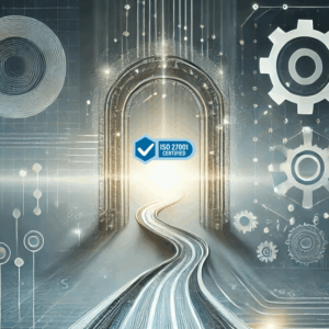 Ilustración abstracta y futurista que representa el camino hacia la certificación ISO. Un sendero iluminado se extiende hacia un portal brillante, simbolizando el logro y la excelencia empresarial. Elementos sutiles como engranajes, redes digitales y escudos de seguridad evocan estándares clave como la seguridad de la información, la continuidad del negocio, la ciberseguridad y la gestión de riesgos.